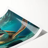 Vibrant marine life wall art print featuring a colorful turtle design, rolled and ready for display, showcasing intricate details and rich textures. Perfect for ocean-themed decor.