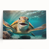 Stretched canvas wall art showcasing a vibrant marine life turtle design, featuring vivid colors and intricate details, ideal for ocean-themed decor.