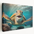 Stretched canvas wall art showcasing a vibrant marine life turtle design in vivid colors, perfect for ocean-themed decor. Ideal for enhancing living spaces and promoting marine conservation awareness.
