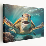 Stretched canvas wall art showcasing a vibrant marine life turtle design in vivid colors, perfect for ocean-themed decor. Ideal for enhancing living spaces and promoting marine conservation awareness.