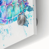 Close-up of a vibrant marine life wall art collection featuring a detailed turtle design printed on acrylic glass, showcasing rich colors and intricate patterns ideal for ocean-themed decor.