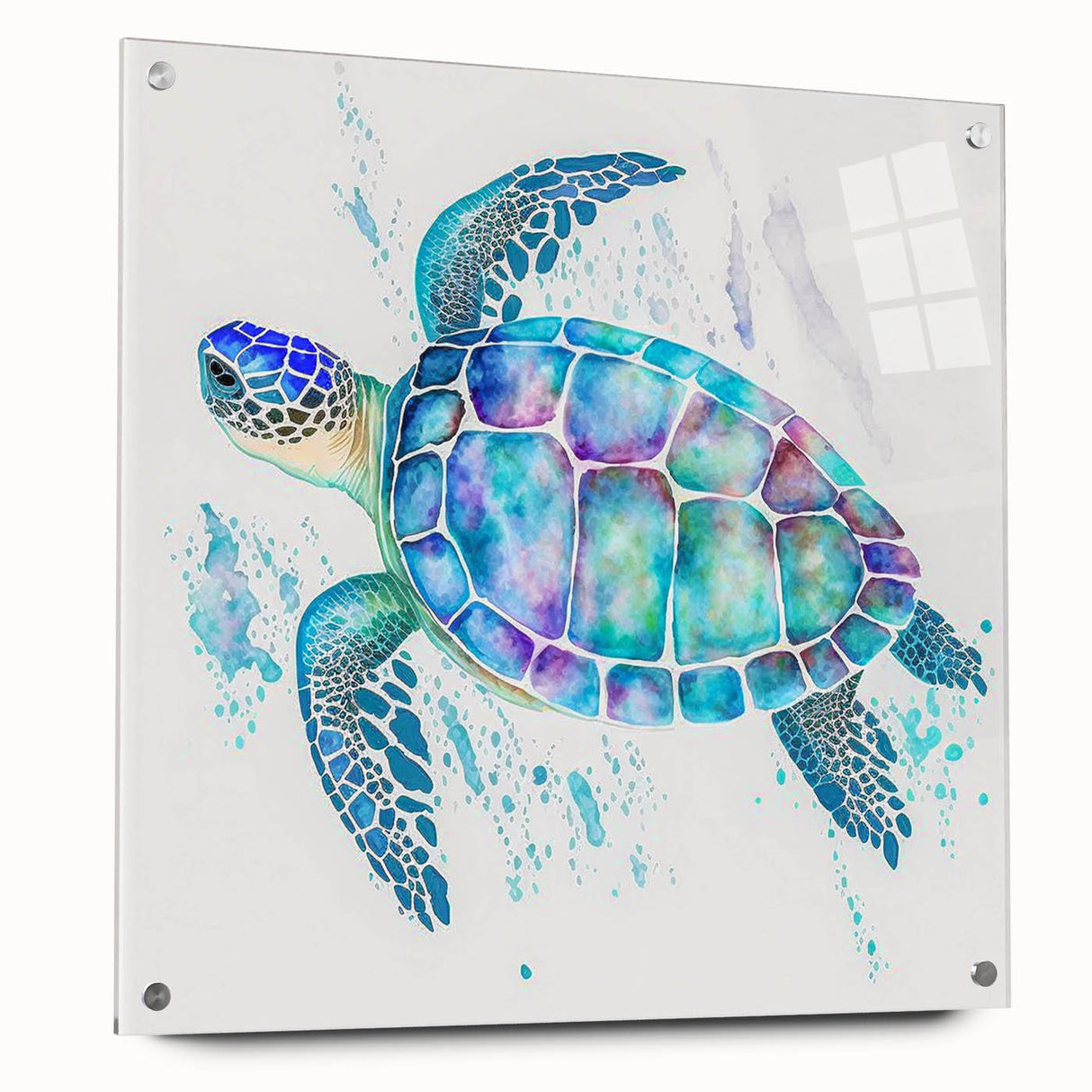 Colorful marine life wall art featuring a turtle design, crafted from acrylic glass, displayed from a side view with decorative pins, ideal for ocean-themed decor.