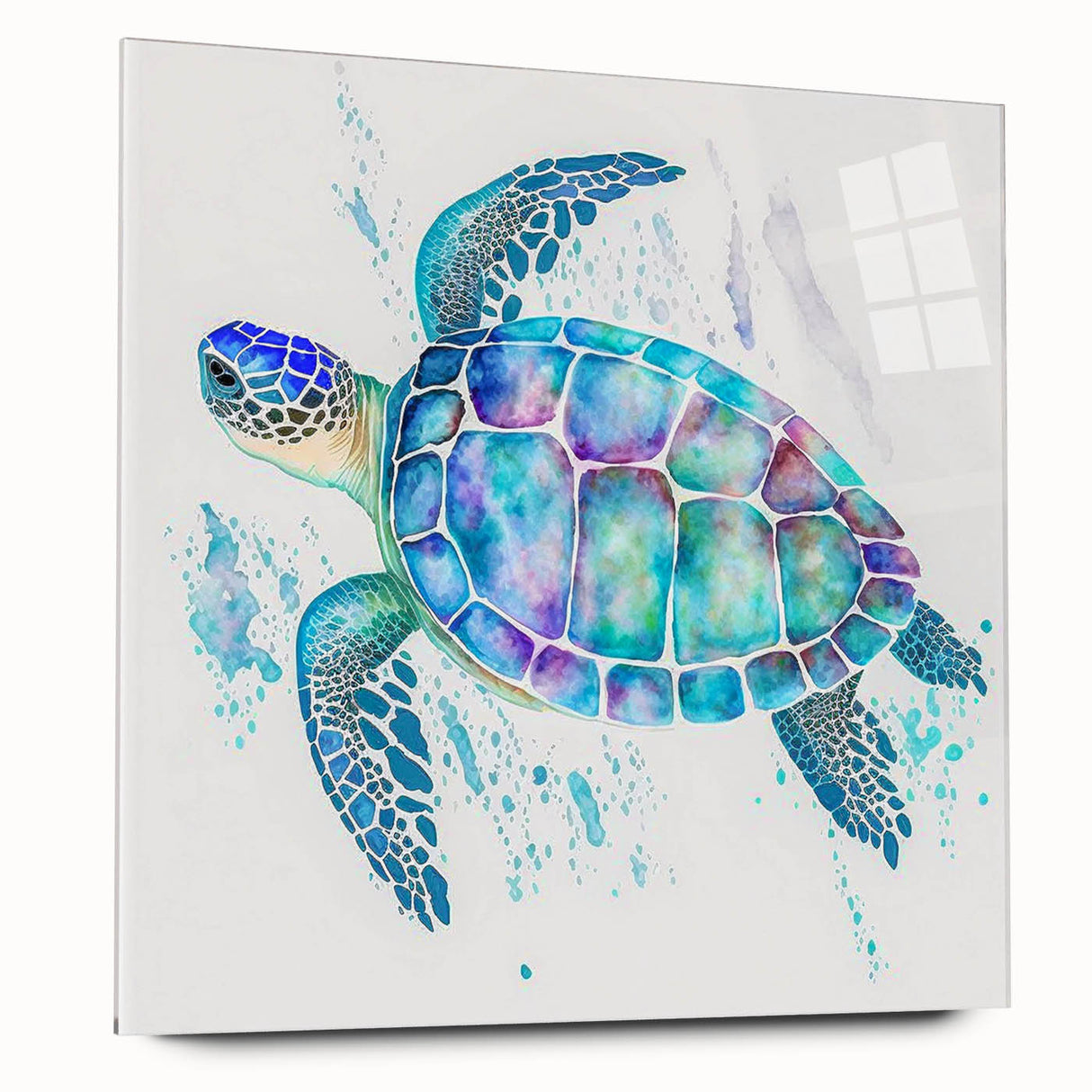 Acrylic wall art featuring a vibrant marine life design with a turtle motif, showcasing vivid blues and greens, perfect for ocean-themed decor in living spaces.