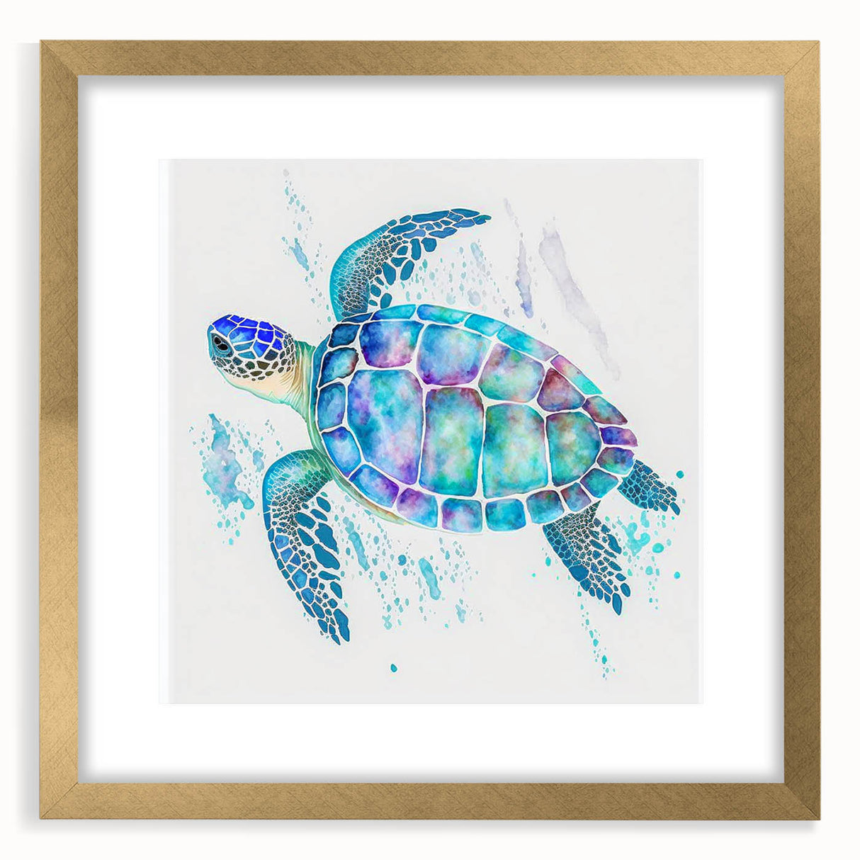 Gold-framed wall art showcasing a vibrant marine life turtle design, elegantly matted, perfect for coastal decor enthusiasts. Ideal for adding a touch of ocean beauty to any room.