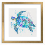 Gold-framed wall art showcasing a vibrant marine life turtle design, elegantly matted, perfect for coastal decor enthusiasts. Ideal for adding a touch of ocean beauty to any room.