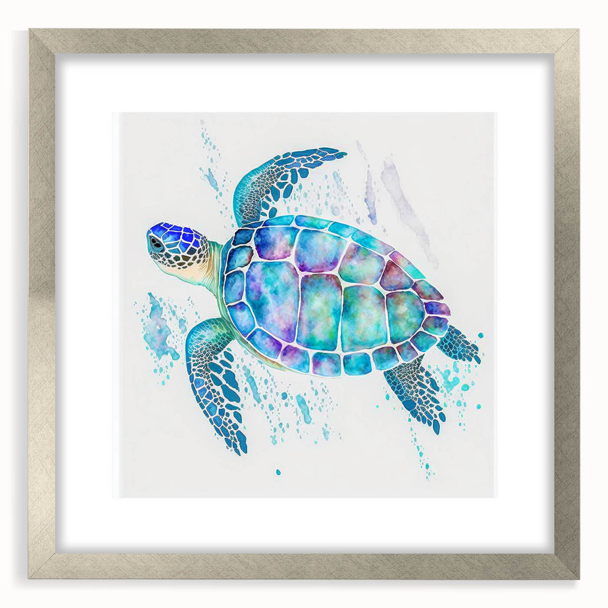 Elegant silver-framed wall art featuring a marine life turtle design, showcasing vibrant colors and intricate details, perfect for coastal-themed decor.