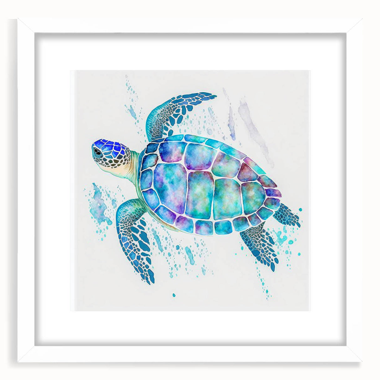Framed wall art featuring a vibrant marine life turtle design, showcasing intricate details and bright colors, set against a white mat for a clean presentation.