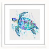 Framed wall art featuring a vibrant marine life turtle design, showcasing intricate details and bright colors, set against a white mat for a clean presentation.