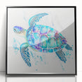 Framed acrylic wall art showcasing a vibrant marine life turtle design, featuring intricate details and a sleek black frame, perfect for ocean-themed decor.