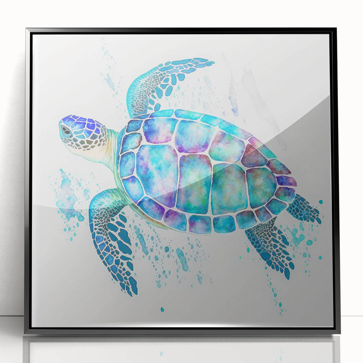 Framed acrylic wall art showcasing a vibrant marine life turtle design, featuring intricate details and a sleek black frame, perfect for ocean-themed decor.
