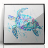 Framed acrylic wall art showcasing a vibrant marine life turtle design, featuring intricate details and a sleek black frame, perfect for ocean-themed decor.