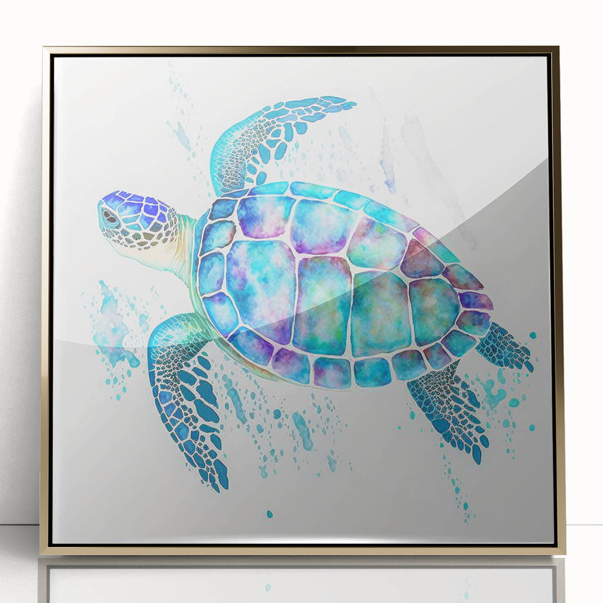 Framed wall art featuring a vibrant marine life design with a turtle, set in a sleek gold frame. Ideal for ocean-themed decor, showcasing intricate details and colors.