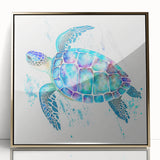 Framed wall art featuring a vibrant marine life design with a turtle, set in a sleek gold frame. Ideal for ocean-themed decor, showcasing intricate details and colors.