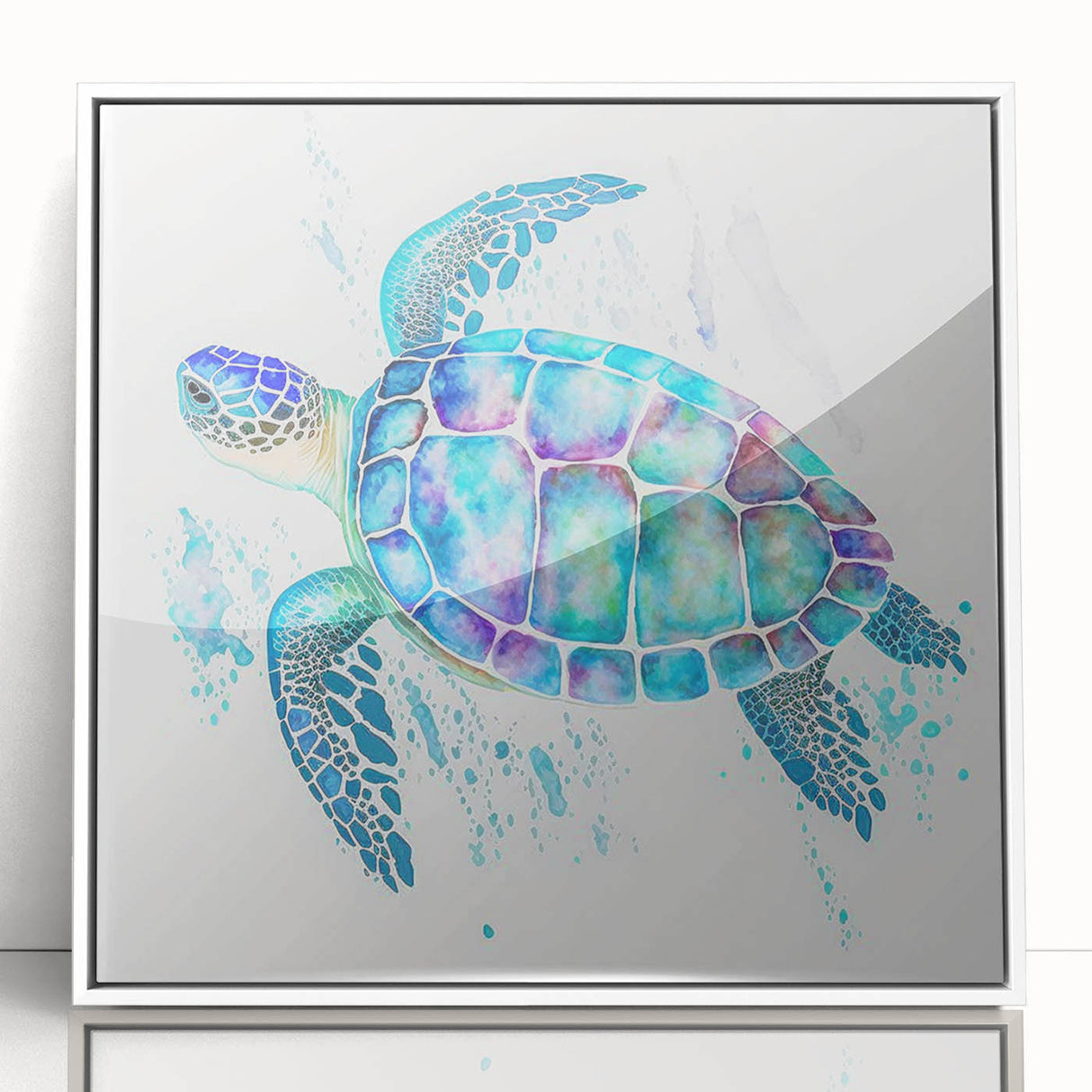 Framed wall art featuring a marine life turtle design, showcased in a white acrylic frame, perfect for adding a coastal touch to home decor.