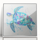 Framed wall art featuring a marine life turtle design, showcased in a white acrylic frame, perfect for adding a coastal touch to home decor.