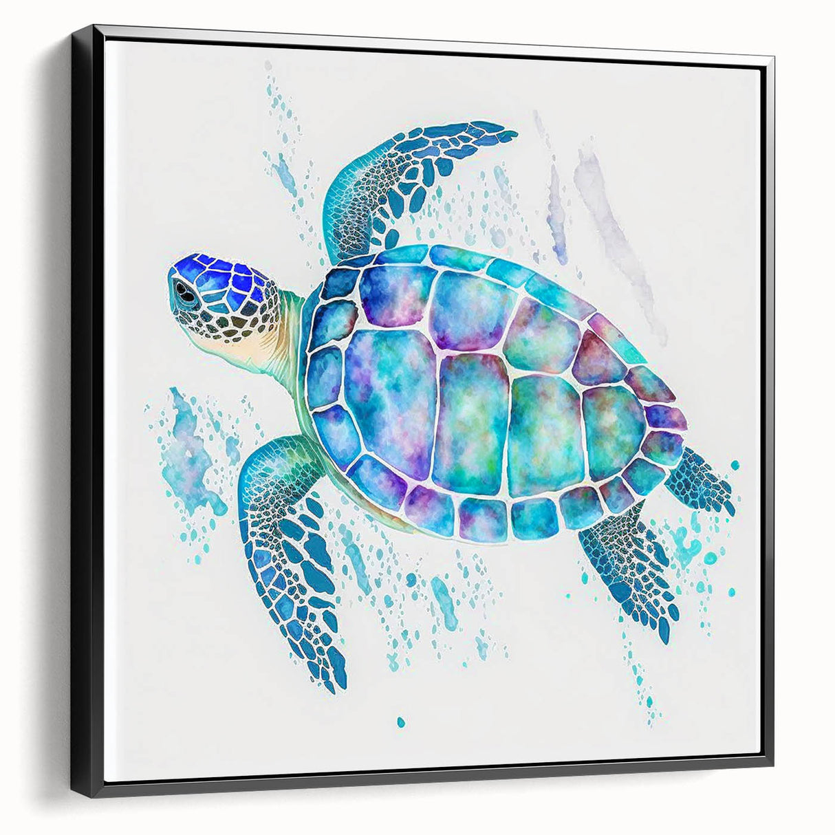 Framed wall art featuring a marine life design with a sea turtle in vibrant colors, set against a black background, ideal for ocean-themed decor.