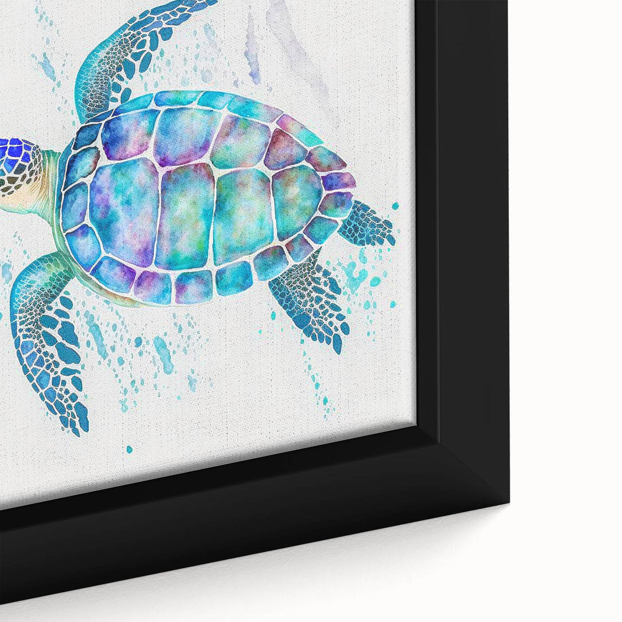 Close-up of a framed canvas wall art featuring a colorful marine life turtle design, showcasing intricate details and textures, perfect for ocean-themed decor.