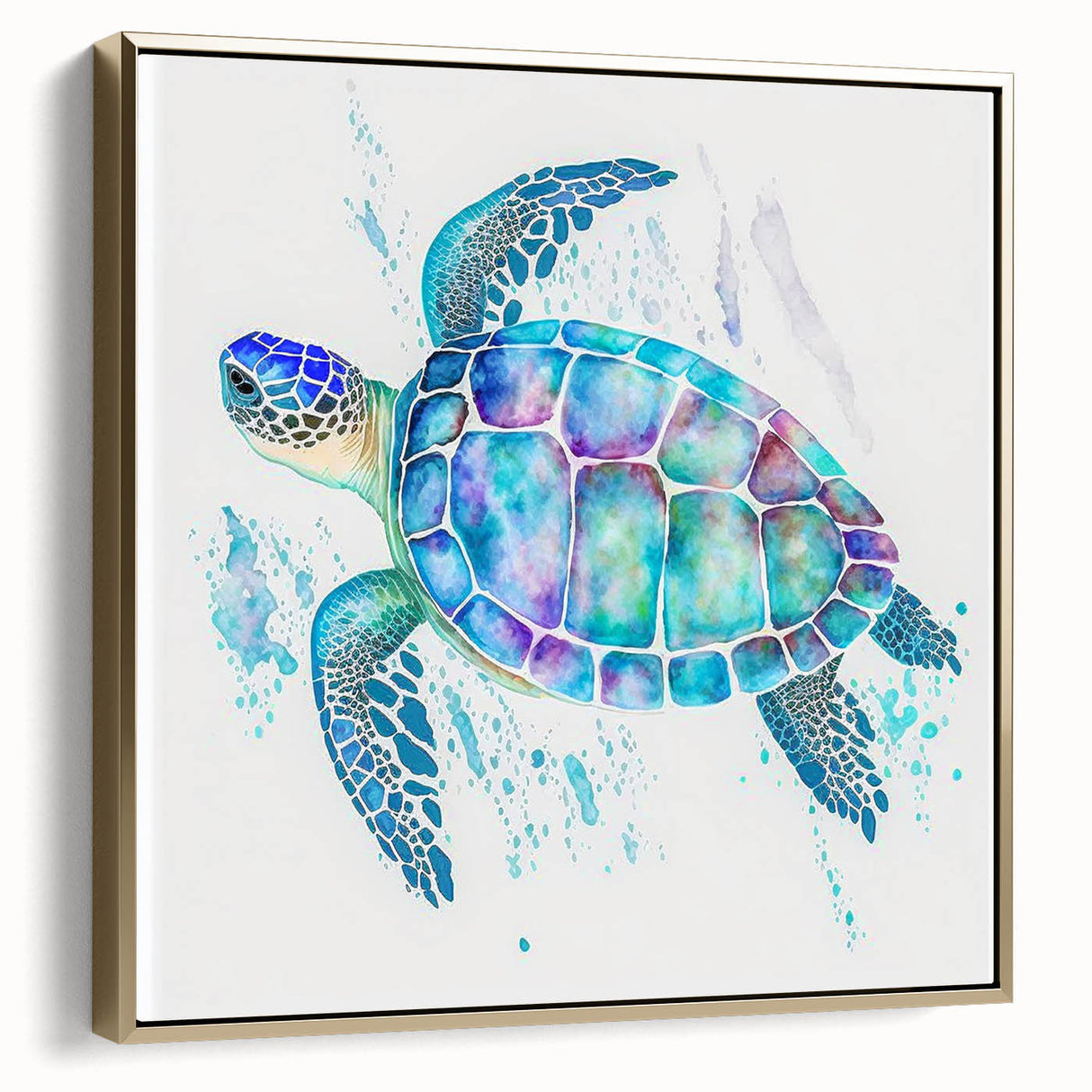 Framed canvas wall art featuring a stunning side view of a marine life turtle design with gold accents, perfect for ocean-themed decor and environmental awareness.