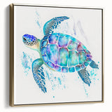 Framed canvas wall art featuring a stunning side view of a marine life turtle design with gold accents, perfect for ocean-themed decor and environmental awareness.