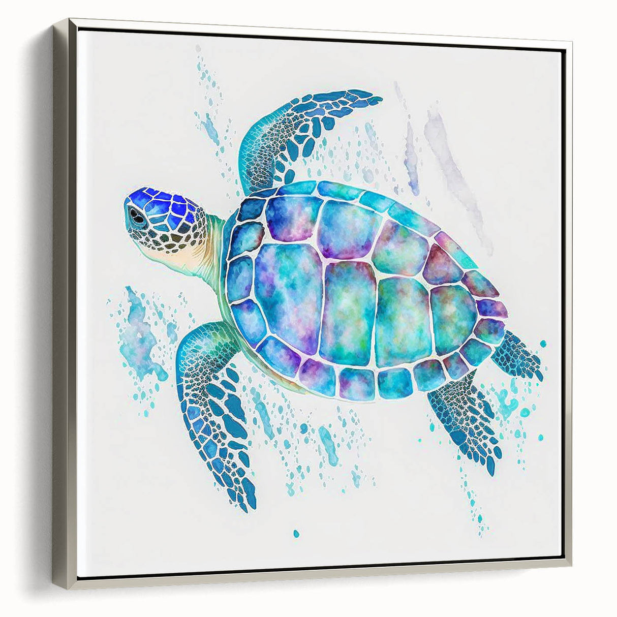 Framed canvas wall art featuring a marine life design with a turtle in a serene underwater scene, enhanced by elegant silver framing, perfect for ocean-themed decor.