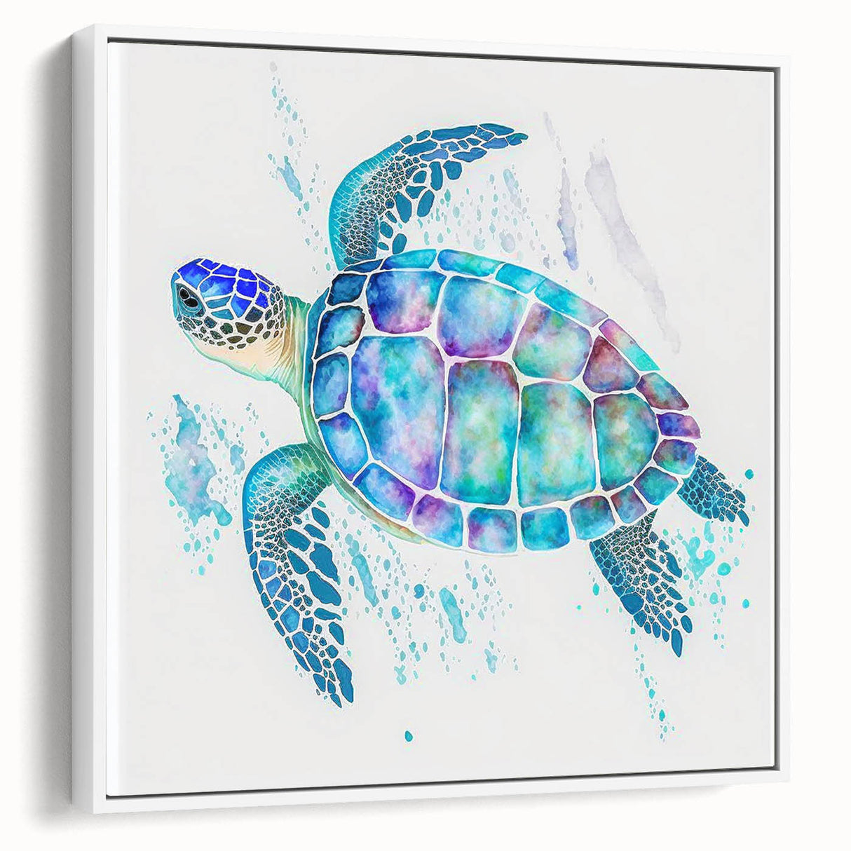 Framed wall art featuring a vibrant marine life design with a turtle, showcased in a white frame, perfect for ocean-themed decor in living spaces.