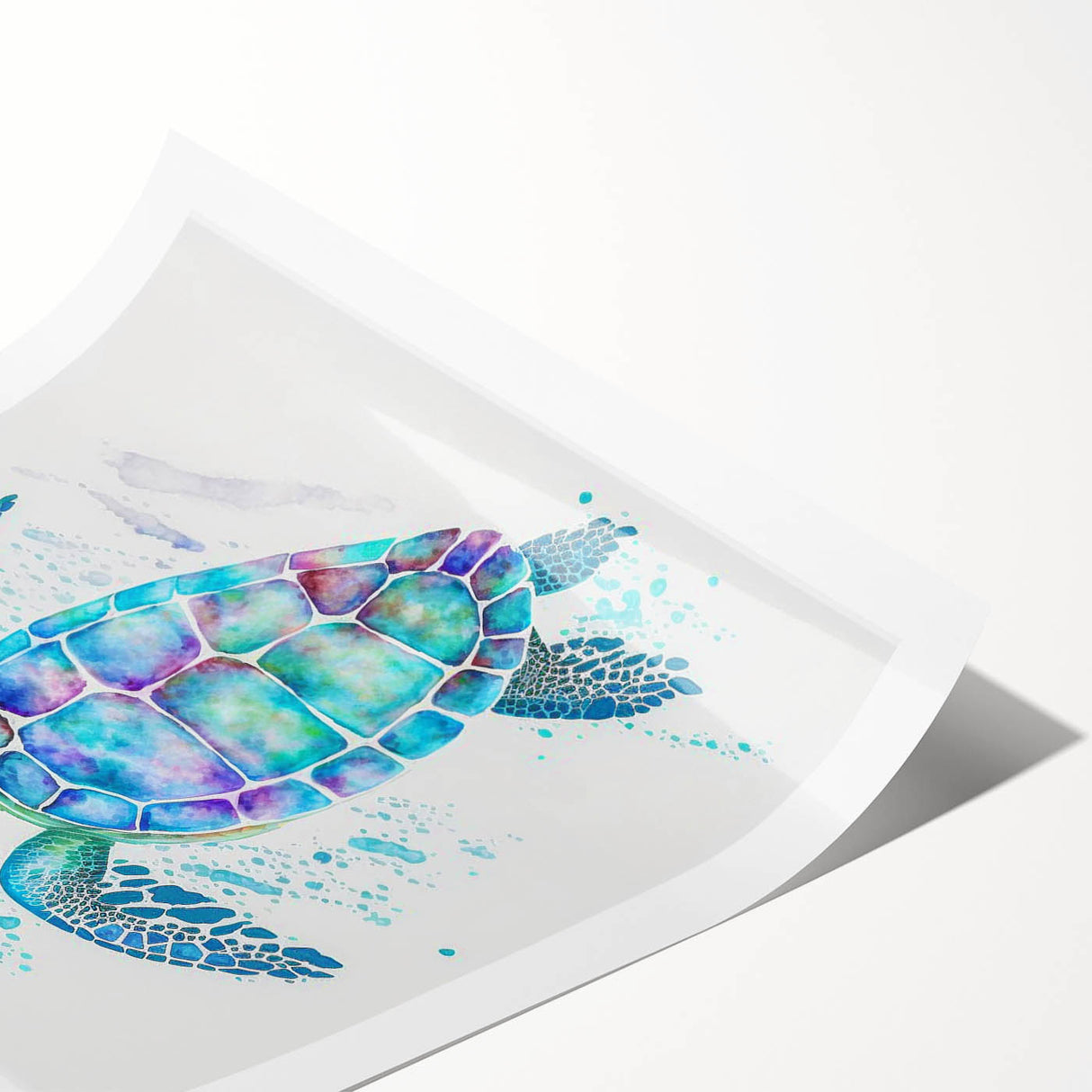Vibrant marine life wall art print featuring a beautifully illustrated sea turtle design, showcasing intricate details and colors, rolled and ready for framing.