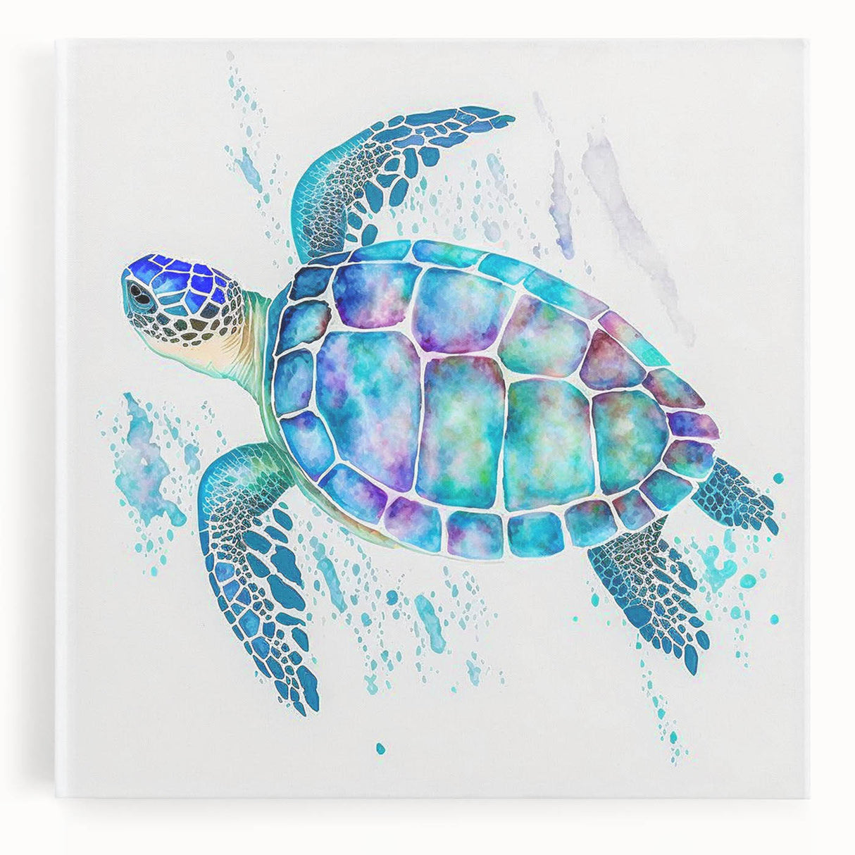 Stretched canvas wall art showcasing a vibrant marine life design featuring a sea turtle, perfect for ocean-themed decor, enhancing any living space with its colorful details.