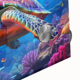 Close-up view of a vibrant acrylic glass wall art piece featuring a marine life turtle design, showcasing intricate details and rich colors ideal for ocean-themed decor.