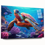 Acrylic wall art showcasing a vibrant marine life design featuring a turtle, displayed in an elegant side view without pins, perfect for ocean-themed decor.