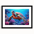 Marine life-themed wall art featuring a beautifully detailed turtle design, framed in black with a mat, ideal for ocean-inspired home decor.