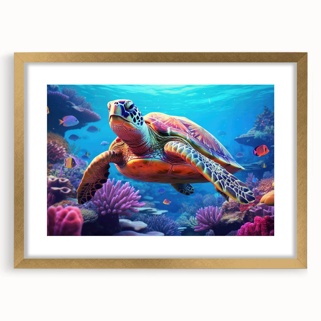 Framed wall art collection showcasing a vibrant marine life turtle design with a gold mat, ideal for ocean-themed decor in living spaces.