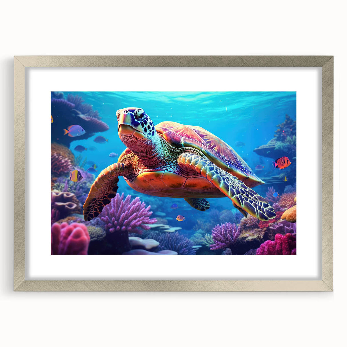 Close-up of a silver-framed wall art collection featuring a marine life turtle design, elegantly matted for enhanced display and visual appeal, perfect for ocean-themed decor.