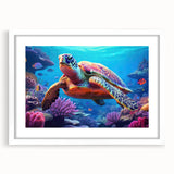 Framed marine life wall art collection featuring a turtle design with a white mat, enhancing oceanic home decor. Perfect for nature enthusiasts and coastal-themed interiors.