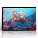 Framed acrylic wall art featuring a vibrant marine life design with a turtle, showcasing rich colors and intricate details, perfect for ocean-themed decor.