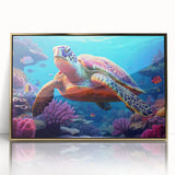 Framed wall art featuring a vibrant marine life design with a turtle, showcasing intricate details in gold accents and a sleek acrylic front, perfect for ocean-themed decor.