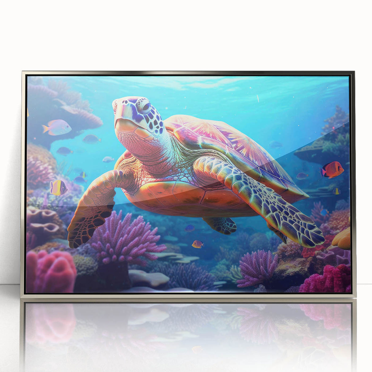 Framed acrylic wall art featuring a vibrant marine life turtle design, showcasing intricate details and a sleek silver frame, perfect for aquatic-themed decor.
