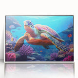 Framed wall art featuring a vibrant marine life turtle design, showcasing intricate details and bright colors, set against a sleek white background for a modern aesthetic.