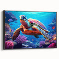 Framed canvas wall art showcasing a vibrant marine life turtle design with a black frame, perfect for coastal-themed home decor, enhancing any room's ambiance.