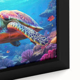 Close-up of a framed canvas wall art depicting a vibrant marine life design featuring a turtle, with intricate details and a colorful ocean background, ideal for ocean-themed decor.