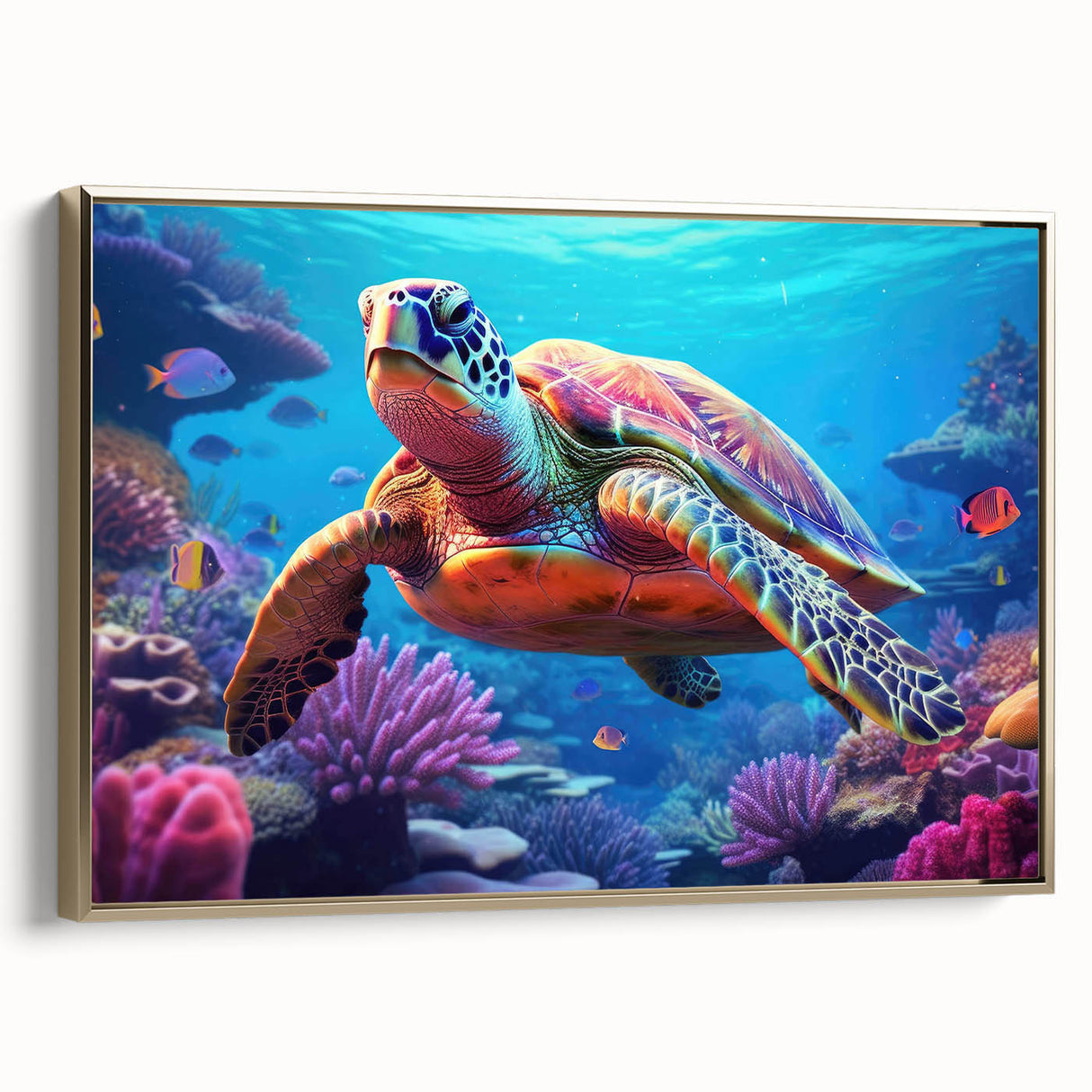 Framed wall art collection featuring a marine life design with a turtle, set against a gold background. The artwork showcases intricate details and vibrant colors, perfect for ocean-themed decor in living spaces.