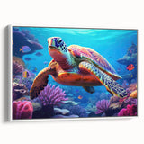 Framed wall art collection showcasing a vibrant marine life turtle design on canvas, featuring a white frame and side view presentation, ideal for ocean-themed decor.