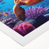 Vibrant rolled canvas artwork showcasing a marine life turtle design with intricate details in blues and greens, perfect for ocean-themed decor, rolled for easy shipping.