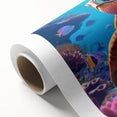 Colorful rolled canvas showcasing a vibrant marine life design featuring a turtle amidst coral and ocean waves, ideal for coastal home décor. Perfect for adding a touch of nature's beauty to any room.