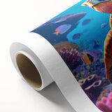 Colorful rolled canvas showcasing a vibrant marine life design featuring a turtle amidst coral and ocean waves, ideal for coastal home décor. Perfect for adding a touch of nature's beauty to any room.