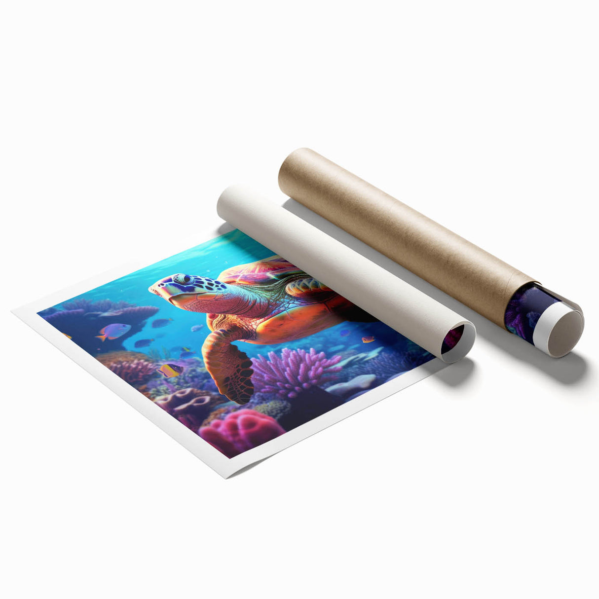 Vibrant marine life wall art featuring a turtle design, showcasing colorful underwater elements, perfect for ocean-themed decor in homes or offices.