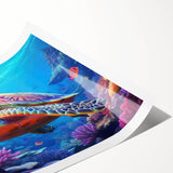 Vibrant marine life wall art print featuring a detailed sea turtle design, showcasing rich blues and greens, rolled and ready for framing or display.