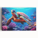 Vibrant marine life wall art featuring a detailed turtle design on stretched canvas, showcasing vivid colors and intricate textures, perfect for ocean-themed decor.