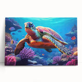Vibrant marine life wall art featuring a majestic turtle design on stretched canvas, showcasing rich colors and intricate details, perfect for ocean-themed decor.