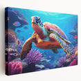 Vibrant marine life wall art featuring a beautifully detailed turtle design on stretched canvas, showcasing rich colors and textures, perfect for ocean-themed decor.