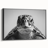 Framed wall art featuring a vibrant marine life design showcasing a turtle in shades of blue and green, set against a black background. Ideal for ocean-themed decor.